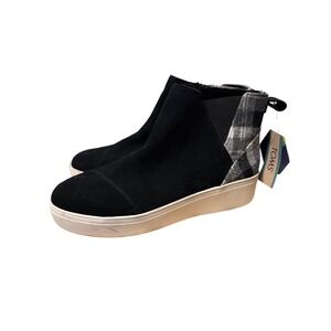 TOMS Black Suede White &‎ Black Plaid Wedge Booties Women's Size 11